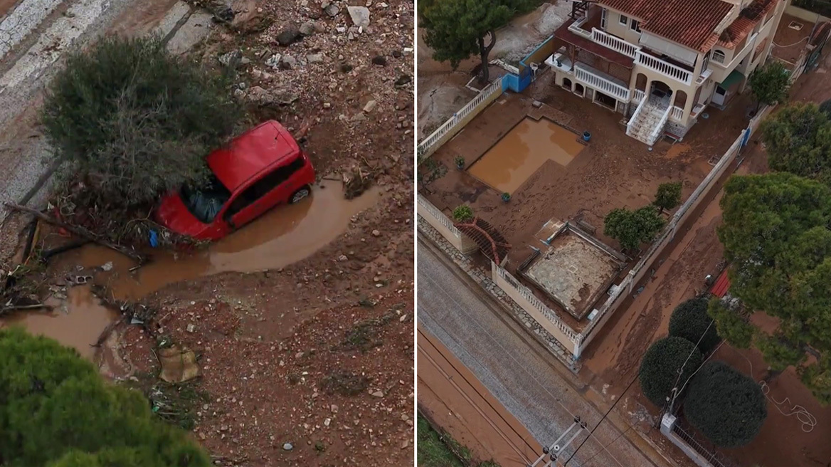 Πλάνα από drone καταγράφουν την καταστροφή στη Βάρη: Πλημμυρισμένα σπίτια, δρόμοι και αυτοκίνητα μέσα στη λάσπη