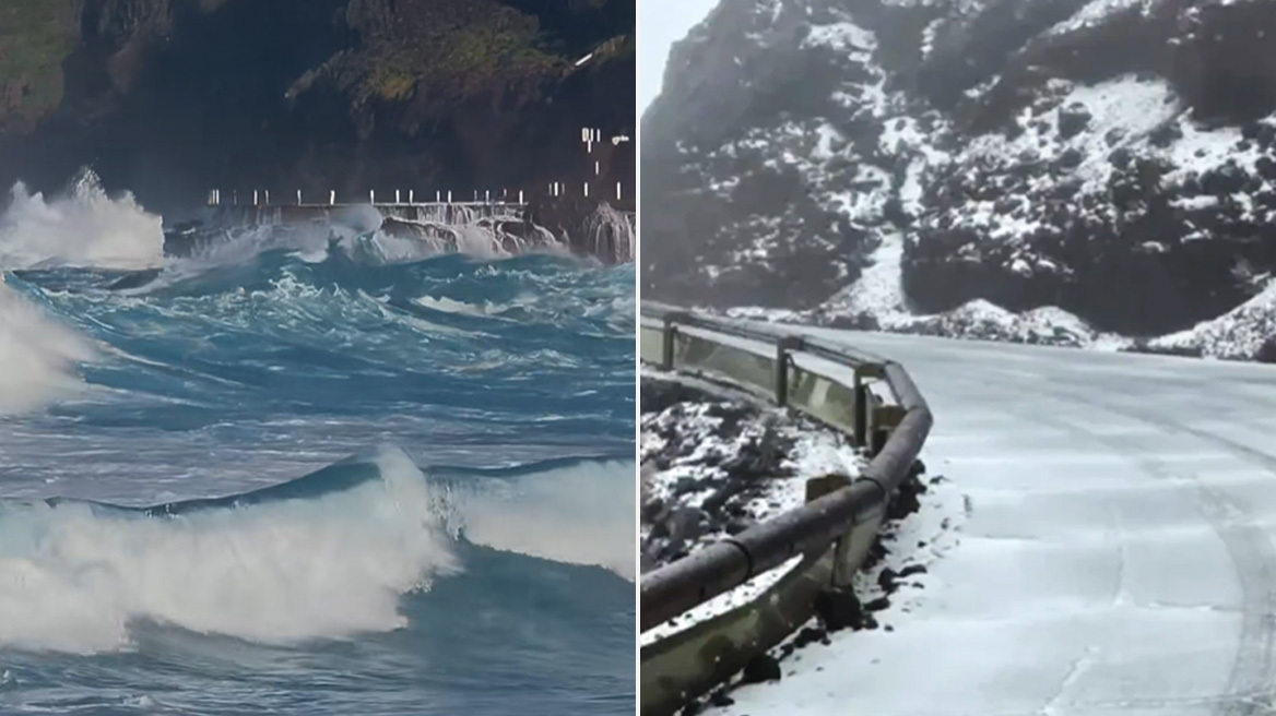 Πρωτόγνωρες εικόνες από την κακοκαιρία Τερέζα στις Κανάριες Νήσους: Θυελλώδεις άνεμοι και γιγαντιαία κύματα, χιόνισε στην Τενερίφη, βίντεο