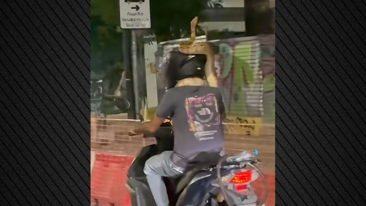 Viral βίντεο: Οδηγός μηχανής κυκλοφορεί στο κέντρο της Αθήνας με τεράστιο φίδι τυλιγμένο στον λαιμό του
