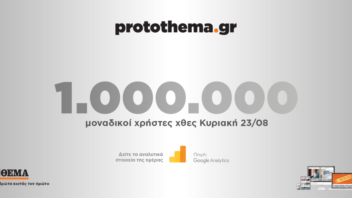 1.000.000 μοναδικοί χρήστες ενημερώθηκαν χθες Πέμπτη 20 Αυγούστου από το protothema.gr