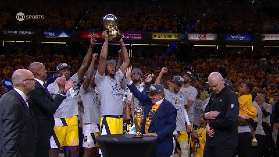The Indiana Pacers Receive The Bob Cousy Trophy As The NBA Eastern Conference Champions!