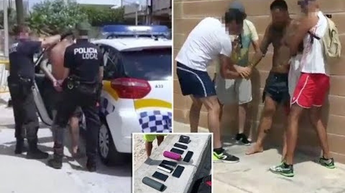 Moment undercover p olice disguised as tourists swoop on a thief targeting beachgoers in Majorca