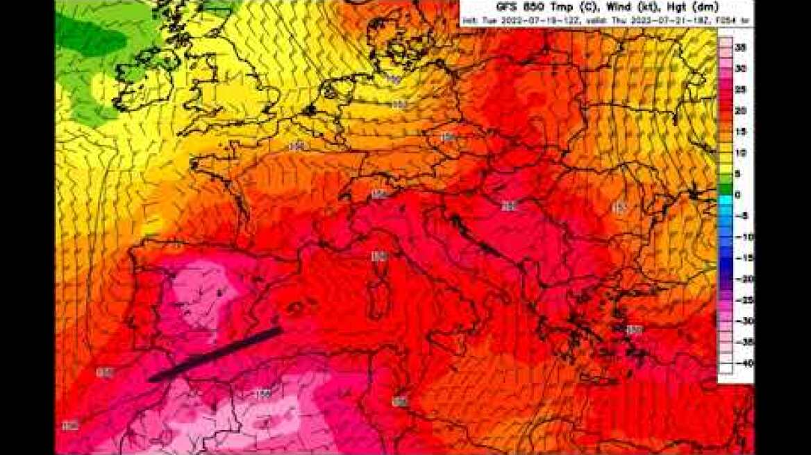 Προοπτική κίνησης αερίων μαζών στα 850 hPa από 20 Ιουλίου 2022