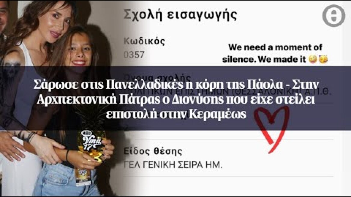 Σάρωσε στις Πανελλαδικές η κόρη της Πάολα - Στην Αρχιτεκτονική Πάτρας ο Διονύσης που είχε στείλει...