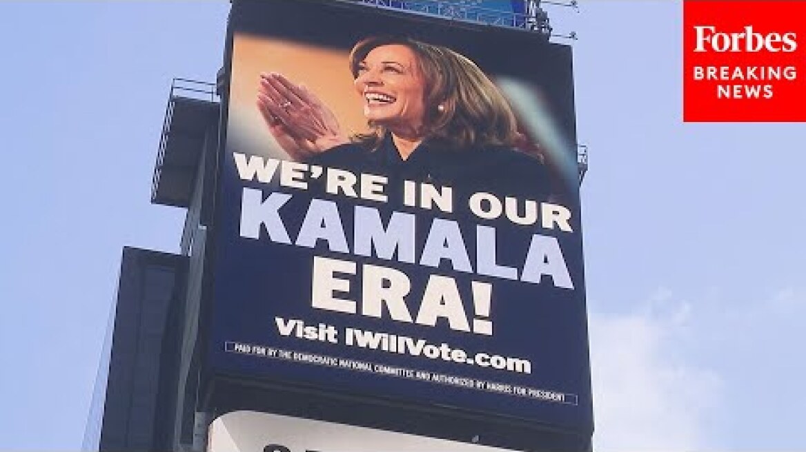 Taylor Swift-Themed 'We’re In Our Kamala Era' Billboard From DNC Is Displayed In Times Square, NYC