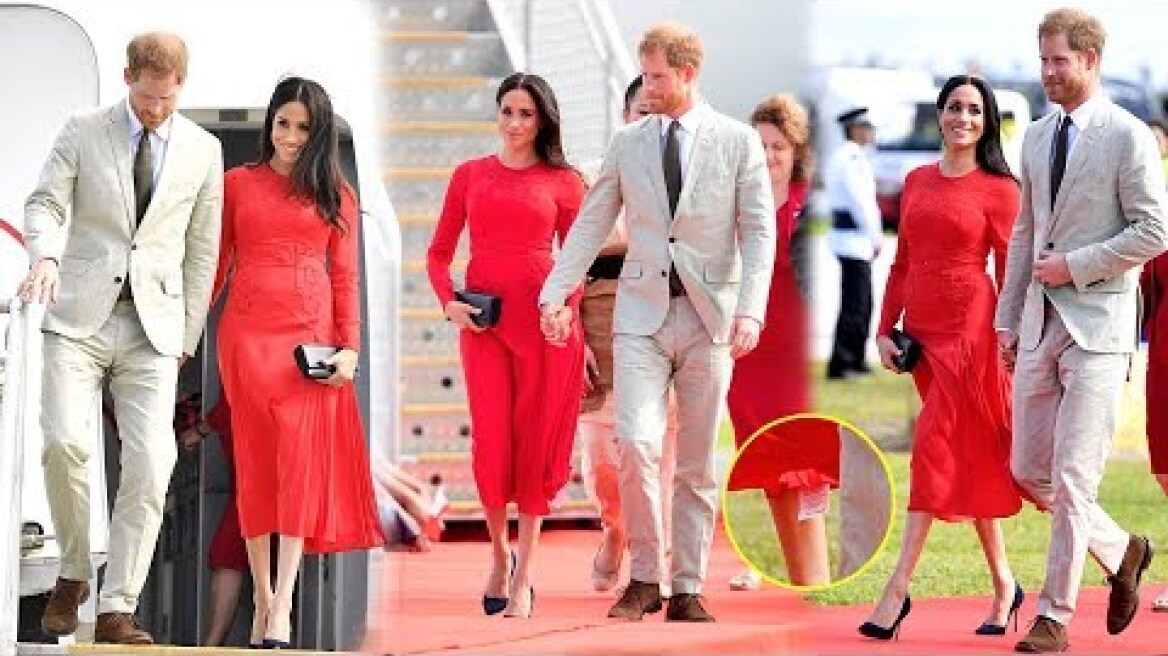 Meghan Markle wows in Self Portrait dress nod to the Tongan flag as she lands in Tonga with Harry