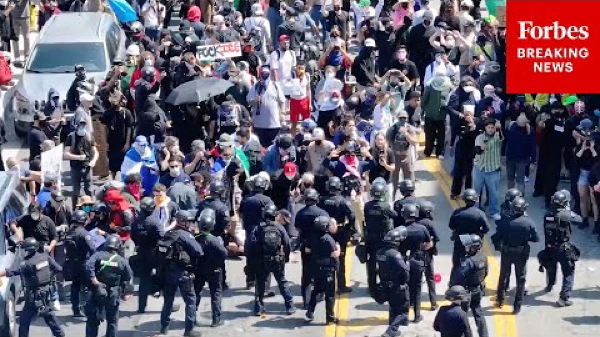 DRONE FOOTAGE: Anti-ICE Protesters Face Off Against Authorities In Los Angeles, California