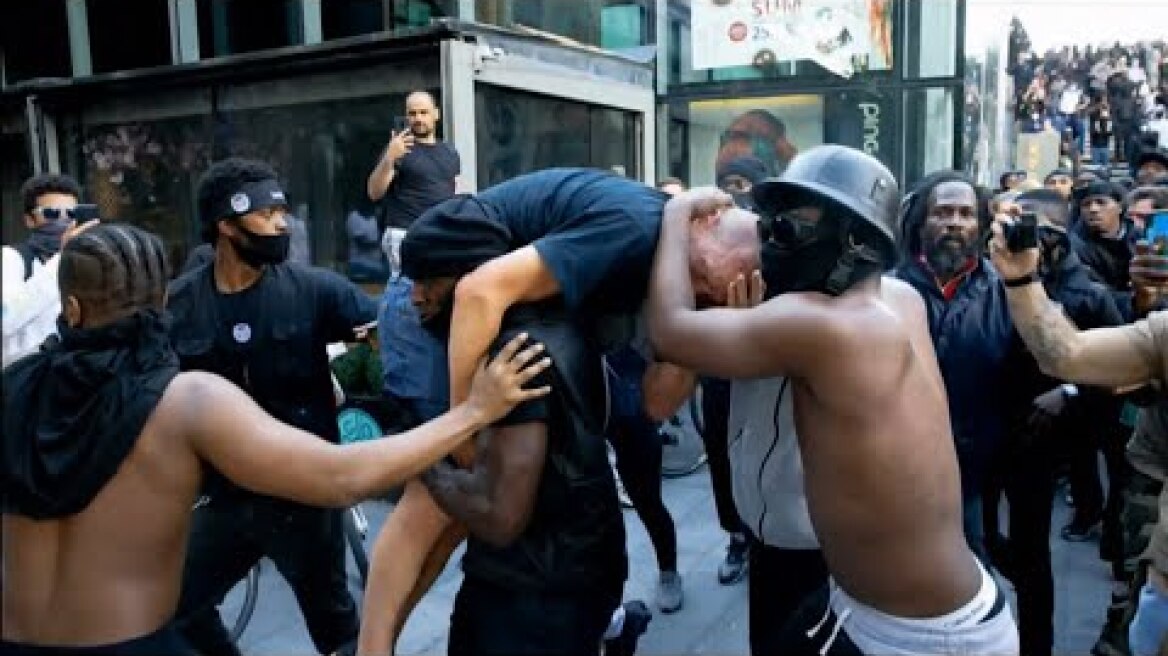 Black Lives Matter protests - black men rescues white opposite (UK) ITV & BBC News - 14th June 2020