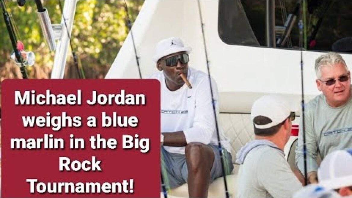Michael Jordan weighs a blue marlin in the Big Rock!