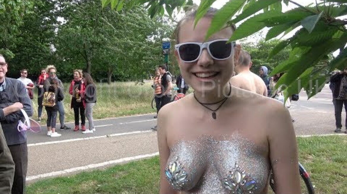 Naked unicyclist joins other nude participants on London Naked Bike Ride 2019