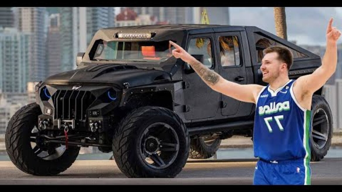 Luka Doncic with MONSTER Apocalypse Hellfire 6×6 Super Truck. Signing autographs out of truck