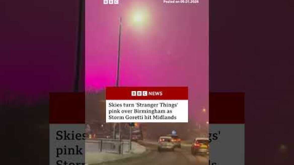 Sky turns pink during snowy weather in Birmingham, UK. #Birmingham #BBCNews