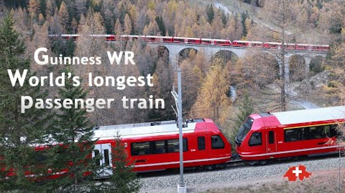 World's Longest Passenger Train - Guinness World Record. Rhaetian Railway Switzerland.