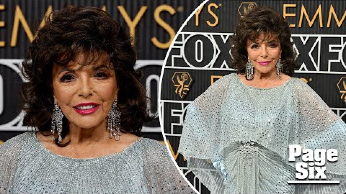 Joan Collins, 90, sparkles on the Emmys 2024 red carpet in blue sequined gown