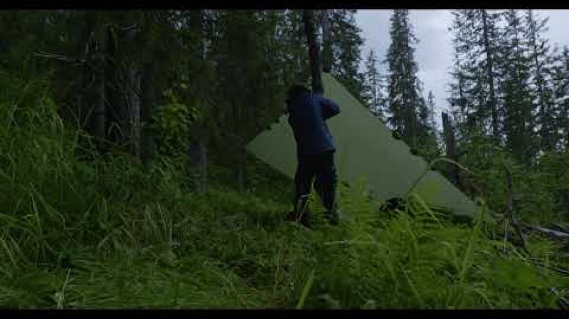 Solo Tarp Camping - Rain and Campfire