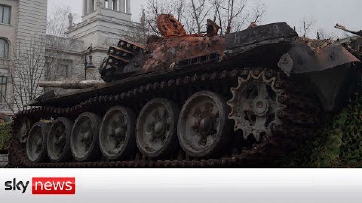 Destroyed Russian tank unveiled outside Russian Embassy in Berlin