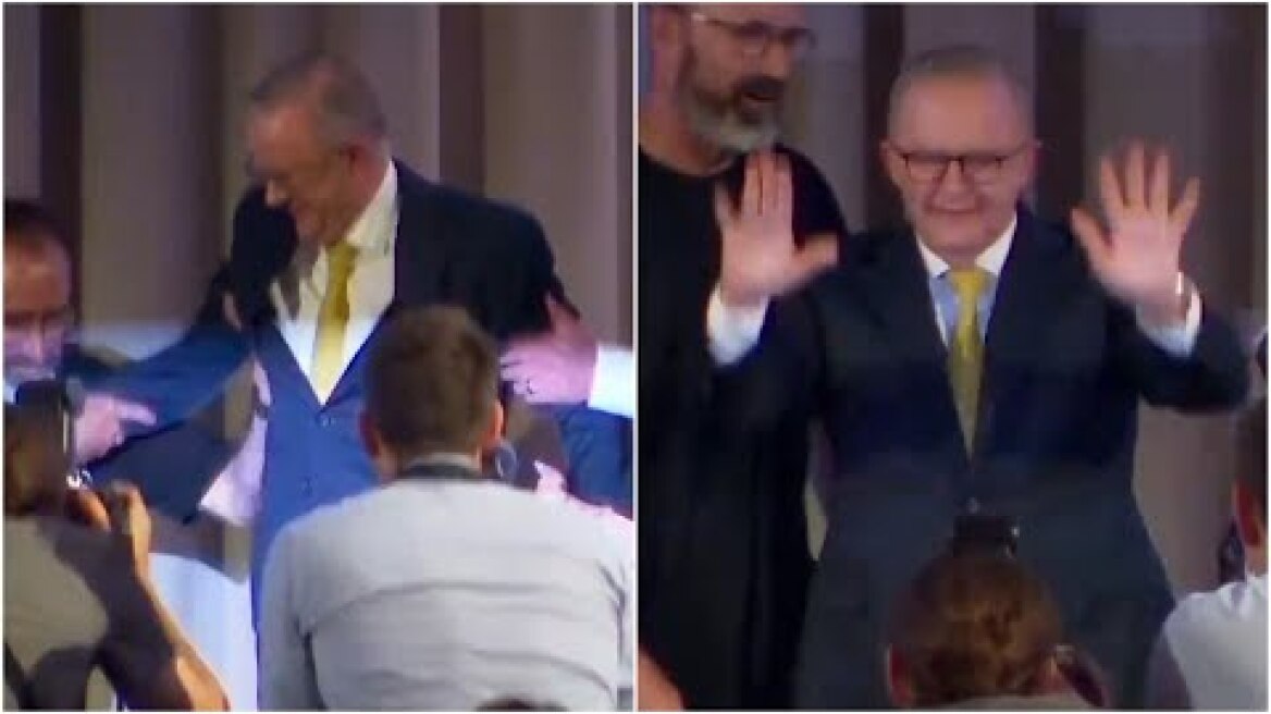 Anthony Albanese falls off stage while campaigning