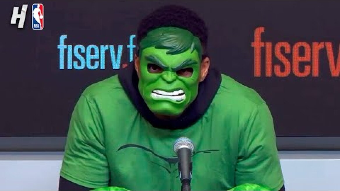 Giannis Antetokounmpo dressed up as the Hulk for his Postgame Interview 😂