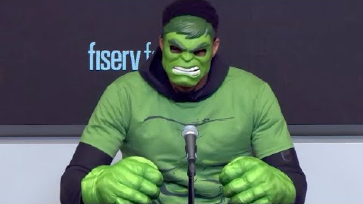 Giannis shows up as The Hulk to his postgame press conference 🤣