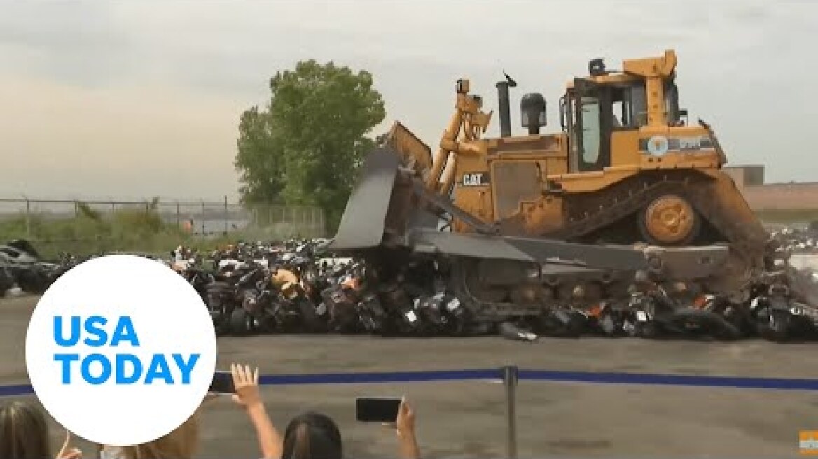 New York's Eric Adams bulldozes illegal dirt bikes | USA TODAY
