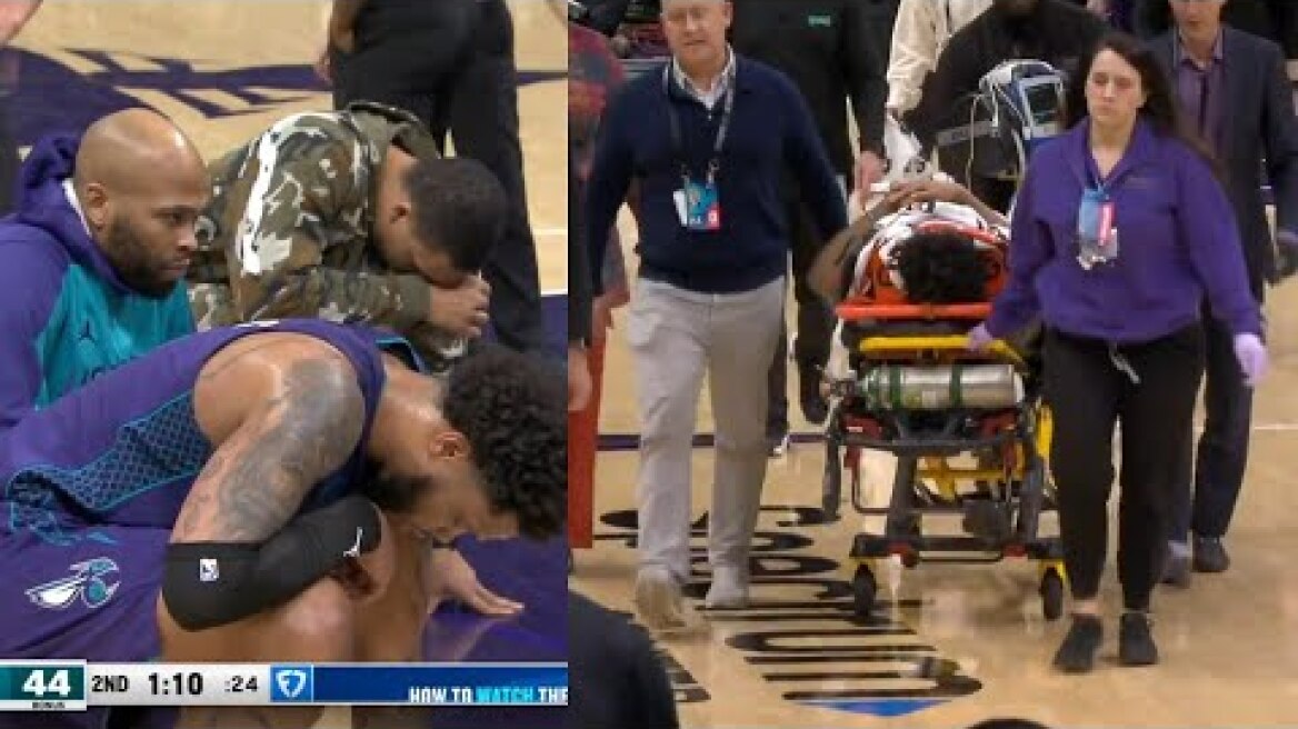 Jaylen Wells stretchered off court after scary fall onto head after dunk vs Hornets 😳