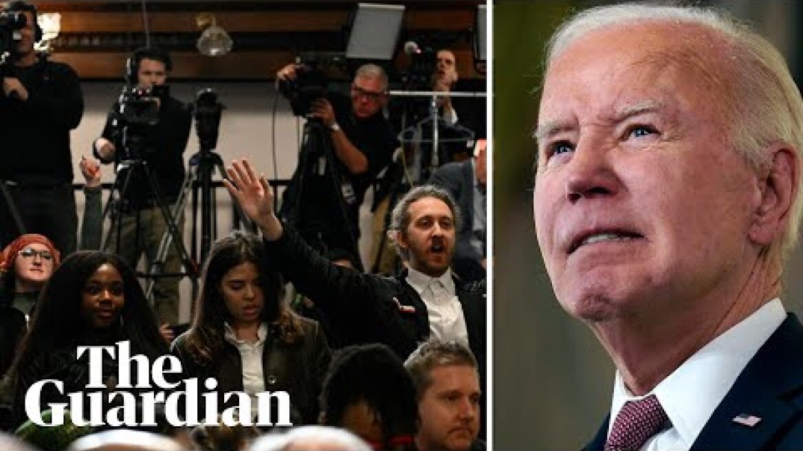 ‘Ceasefire now’: pro-Palestine protesters interrupt Joe Biden’s speech in Charleston