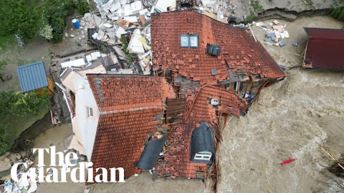 Drone footage shows house in Slovenia washed away by flood waters