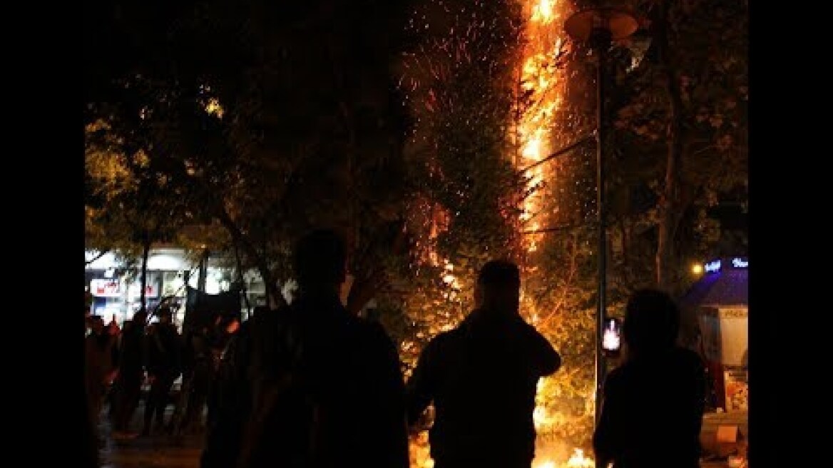 Exarcheia: People Burn Down the Christmas Tree (Athens, Greece)