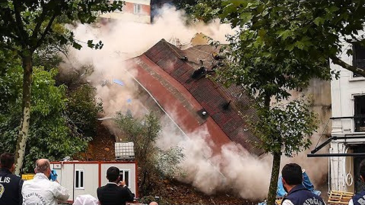 Dramatic footage shows Istanbul building collapse after landslide