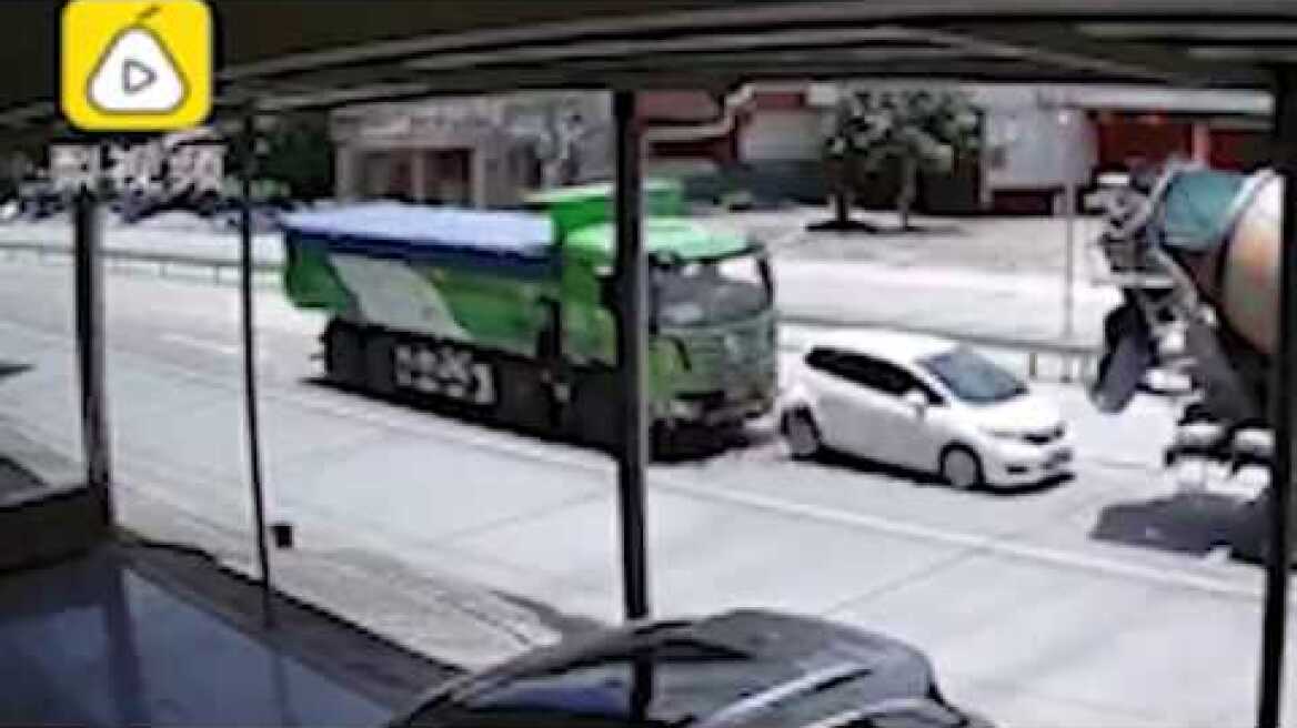 Driver and passenger miraculously survive after their car got squashed between two lorries