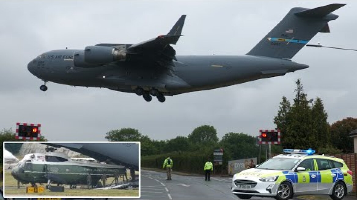Military police block London road for low planes carrying Biden's helicopters 🇺🇸 🇬🇧