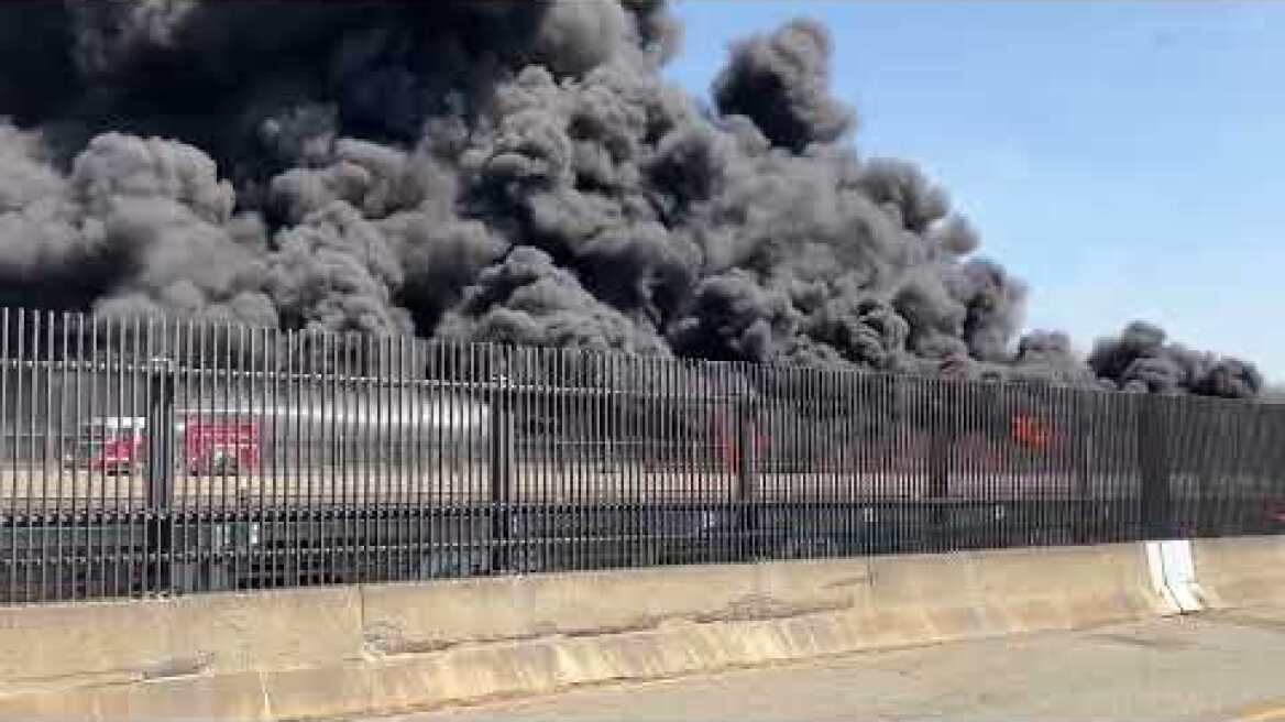 BREAKING: Close-up view of the tractor-trailer fire on Gold Star Memorial Bridge