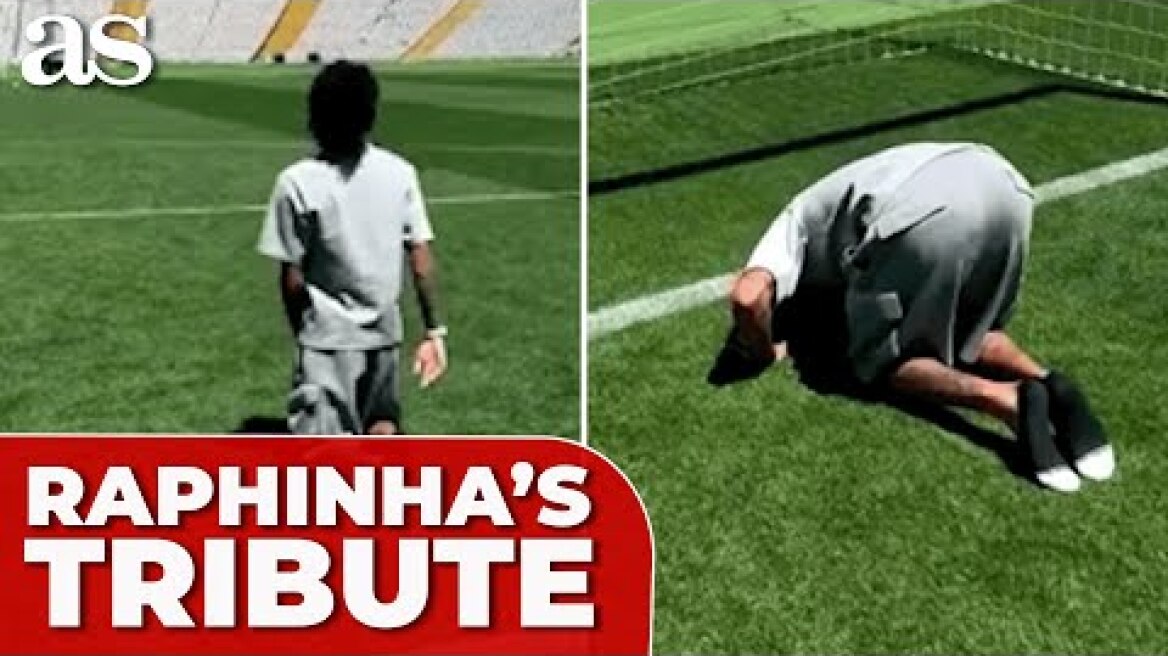RAPHINHA crosses MONTJUÏC on his knees in emotional tribute after BARCELONA'S season of success