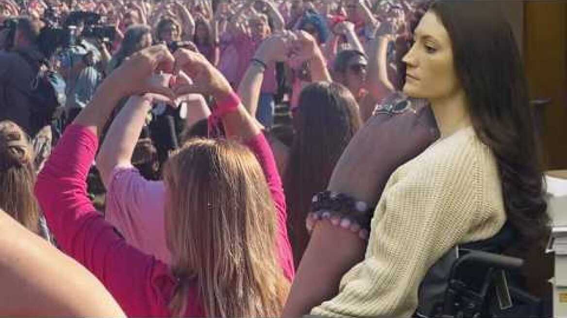 Lindsay Clancy Greeted By Crowd Of Supporters Wearing Pink