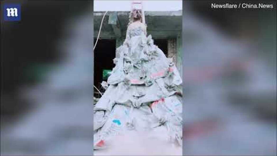 Creative woman makes wedding dress with 40 CEMENT BAGS