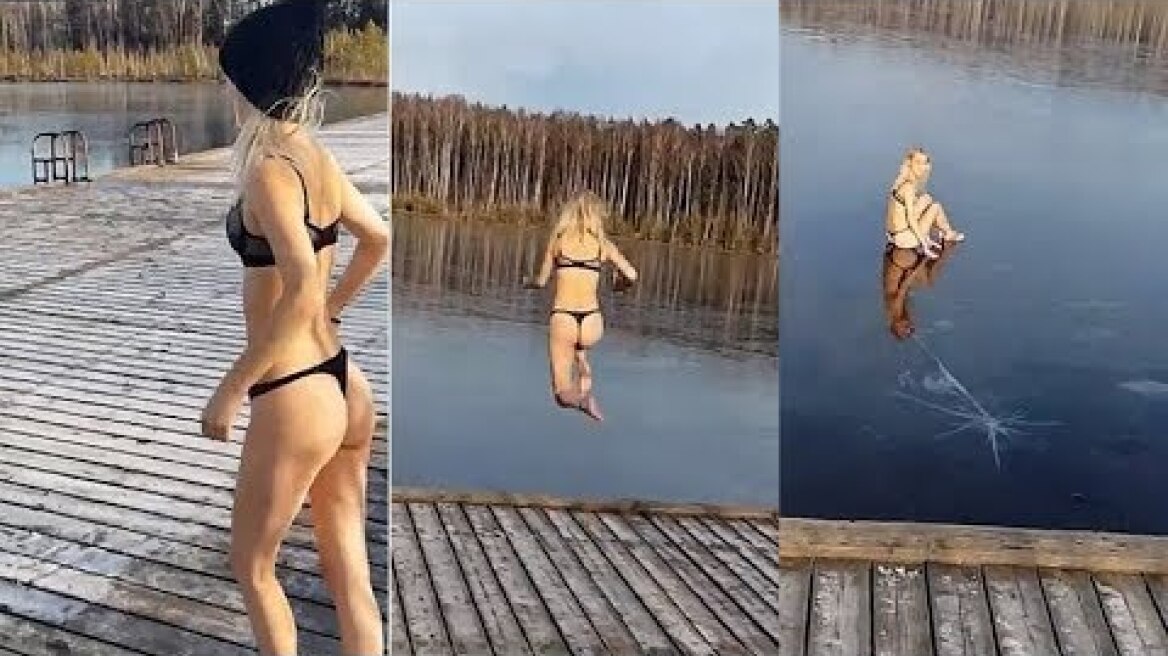 Bikini Girl fractures her ankle after jumping into a FROZEN lake