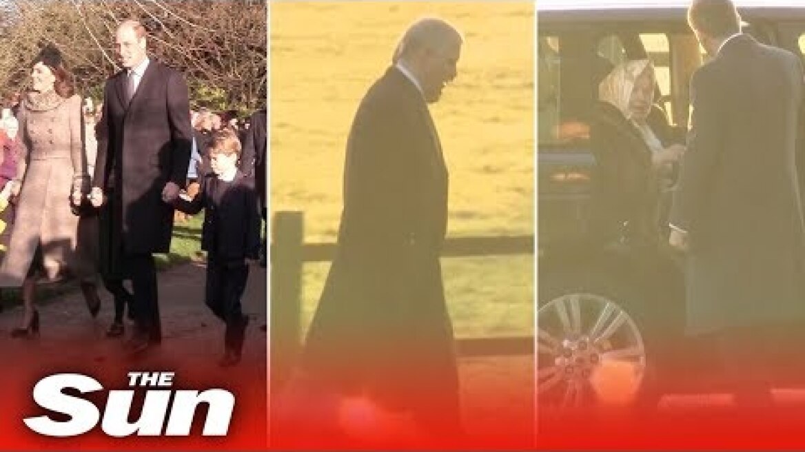 Queen and Royal Family including Prince Andrew and Prince George at Sandringham church service