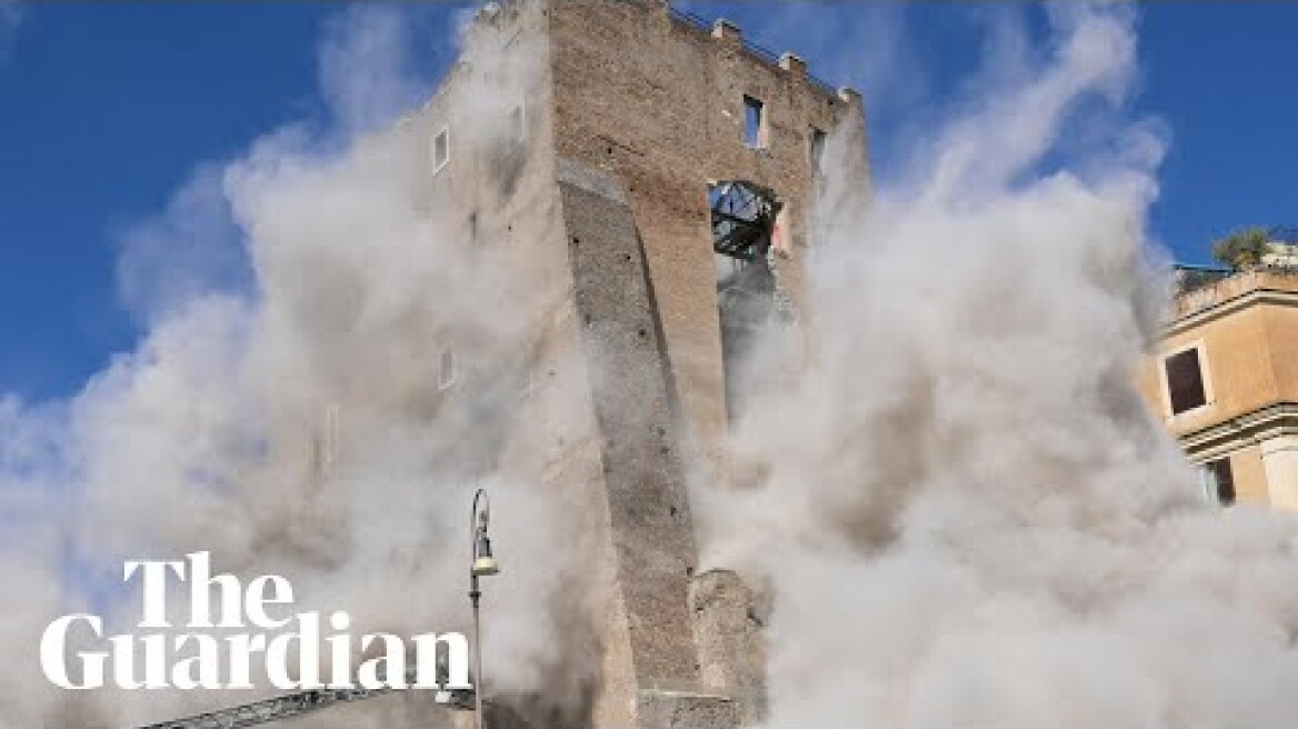 Moment part of medieval tower in Rome collapses
