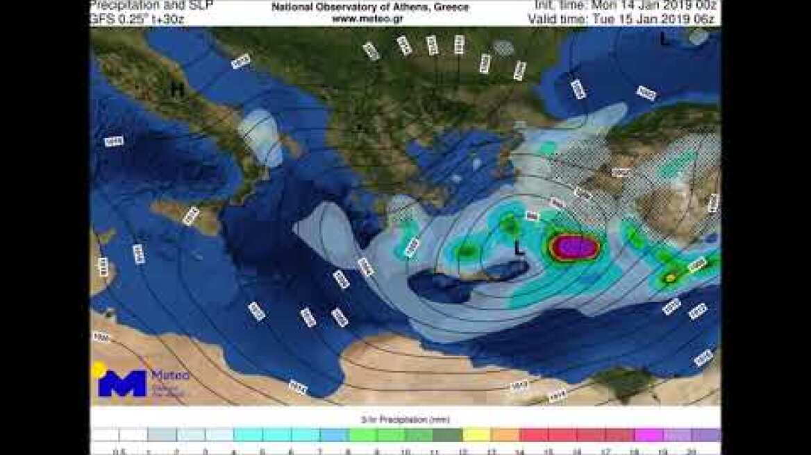 Meteo.gr: Αναμενόμενη θέση βαρομετρικού χαμηλού  και φαινόμενα. Δευτέρα 14/01 - Τρίτη 15/01 2019.