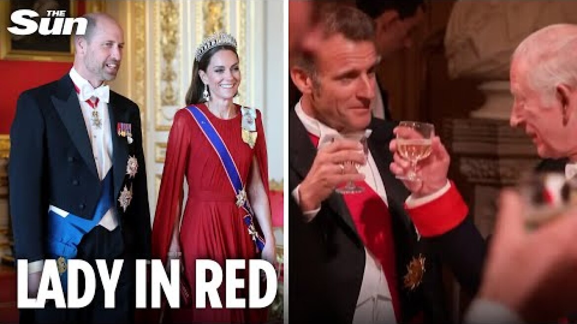Kate dazzles as she arrives at state banquet with William & Charles for France’s Macron