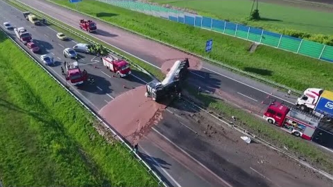 Raw Video: Truck Overturns In Poland, Spilling Chocolate Everywhere