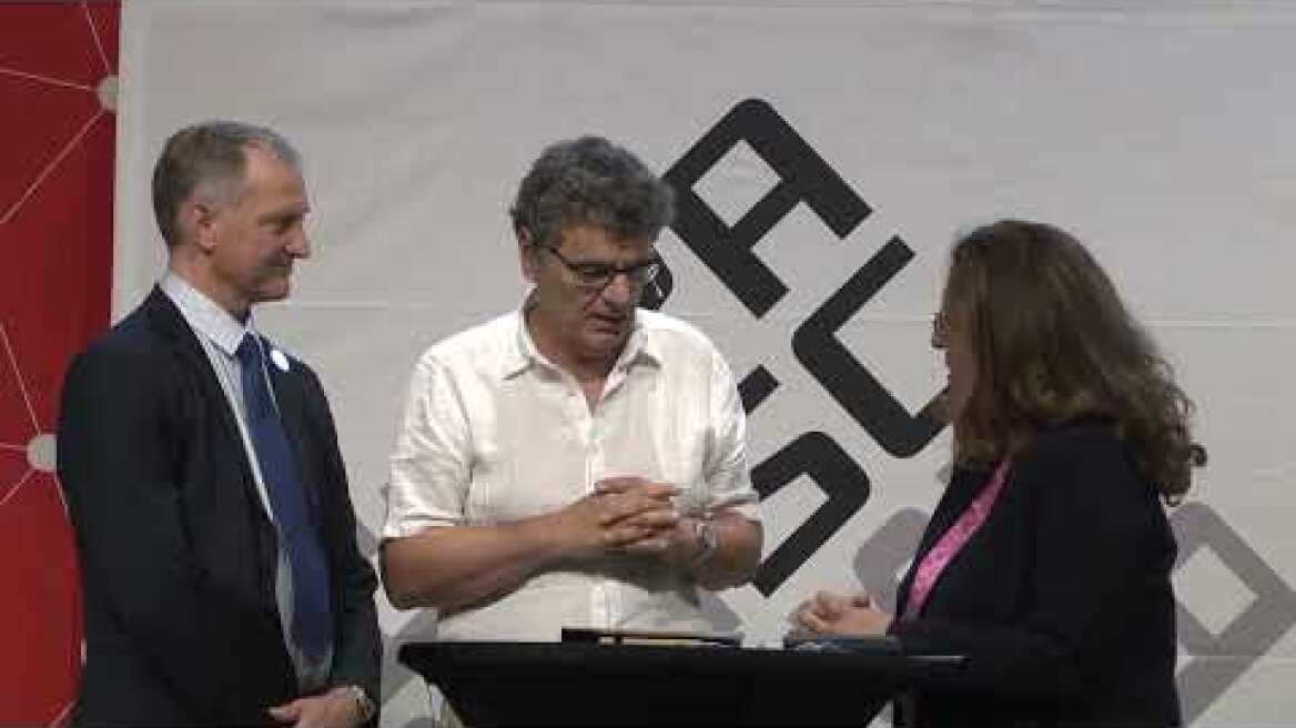 PASC23 on stage - PRACE Excellence Awardee Petros Koumoutsakos talking about AI, Computing&Thinking