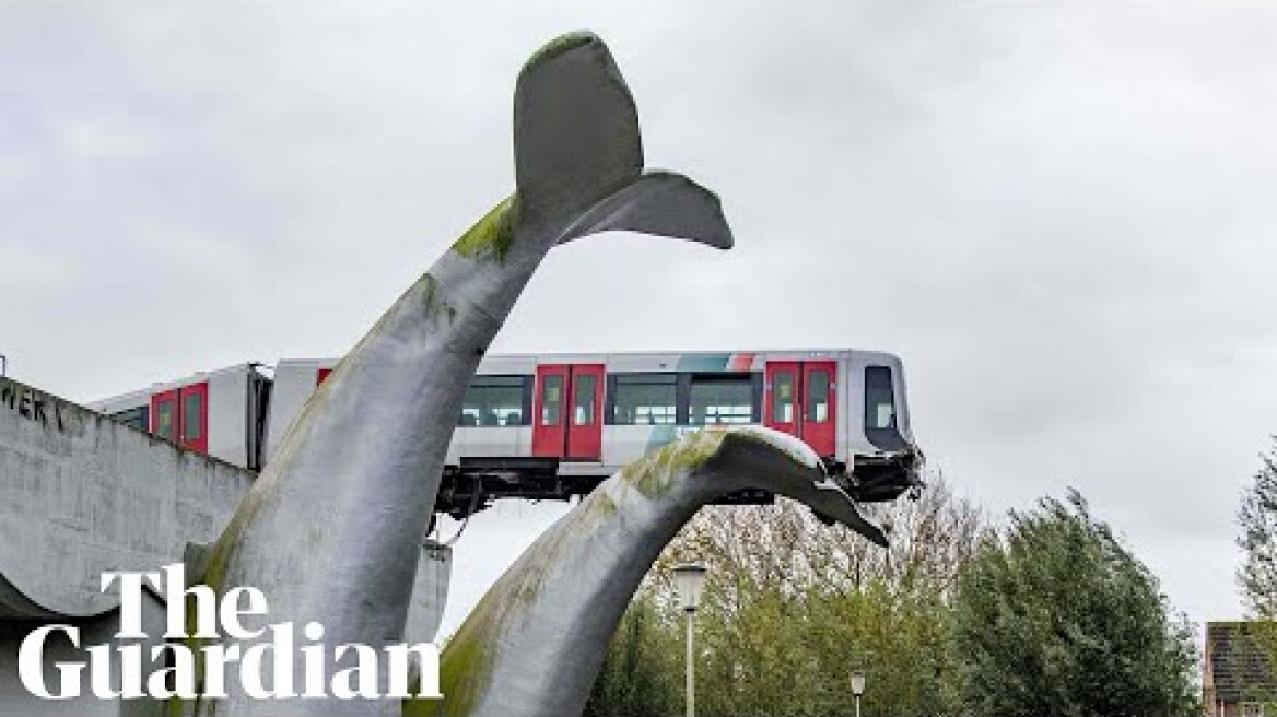 Whale sculpture stops train in Rotterdam crashing into water