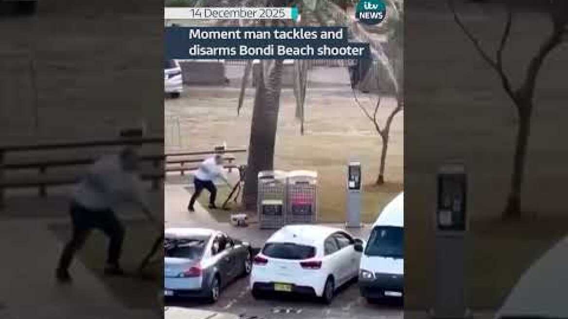 Footage shows a person disarming one of the Bondi Beach shooters #itvnews #australia