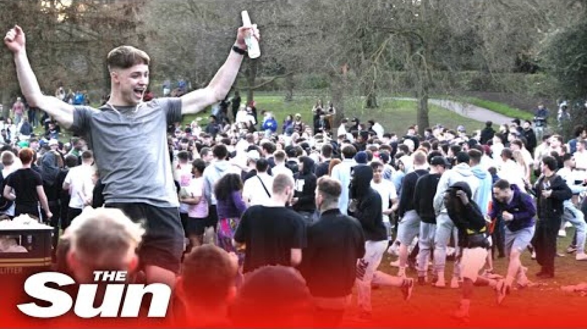 Hundreds of boozy students brawl in park on first day of lockdown easing