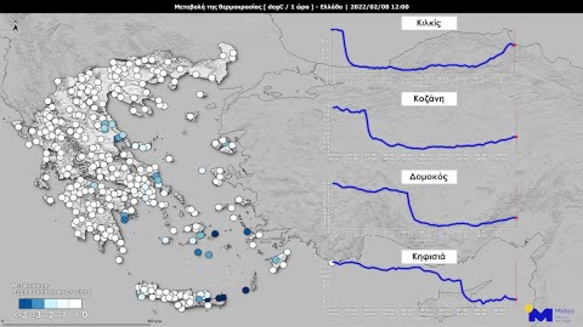 Καταγραφές της απότομης πτώσης της θερμοκρασίας κατά το πέρασμα του ψυχρού μετώπου στις 07-08/02/22
