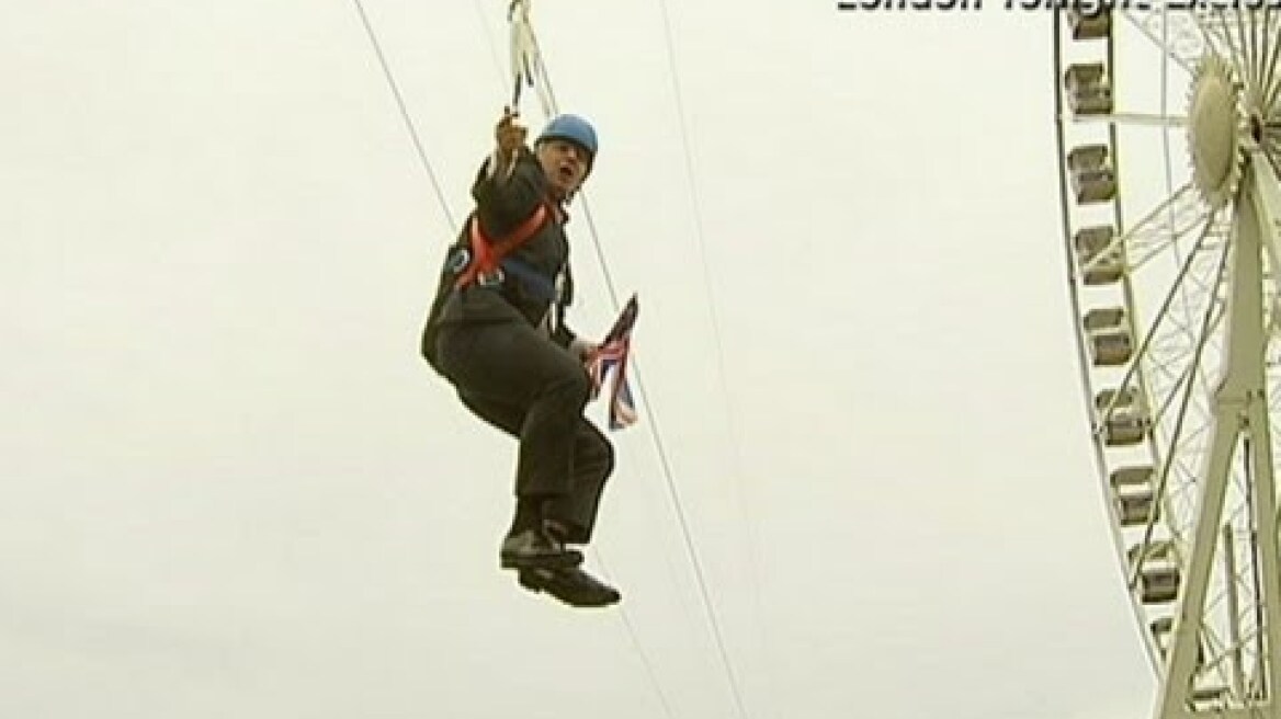 Boris Johnson gets stuck on a zip wire in London's Victoria Park
