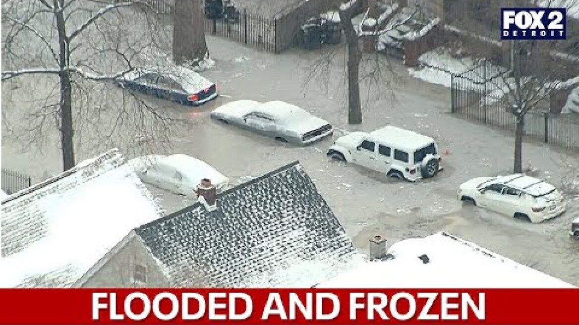 Flooded Detroit neighborhood freezes over after water main burst