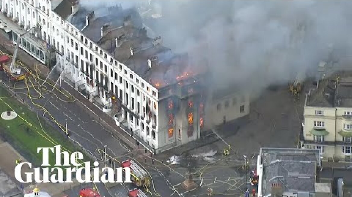 Eastbourne fire: aerial footage shows Claremont hotel engulfed in flames