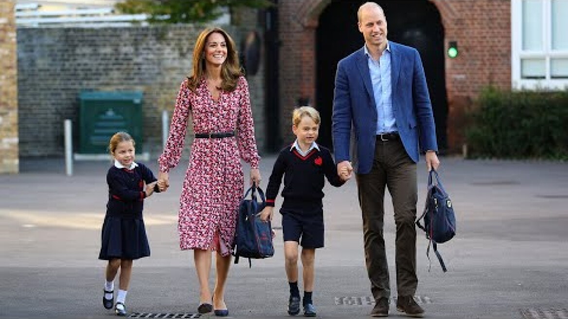 Princess Charlotte arrives for her first day of school with her big brother Prince George